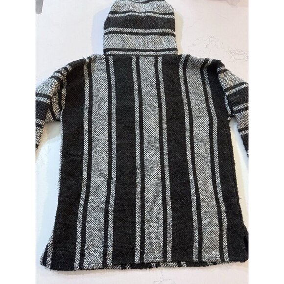 Mexican Poncho Small Baja Woven Blanket Jacket Hippie Pullover Black White - Picture 8 of 12